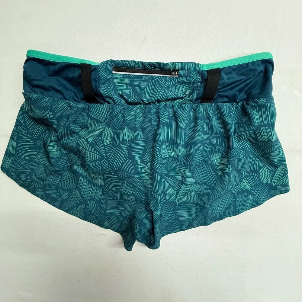 Rabbit RW244 Womens XL Running Shorts Tropical Print Lined Zip Pocket Teal